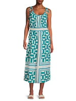 Geometric Blouson Tie-Strap Midi-Dress