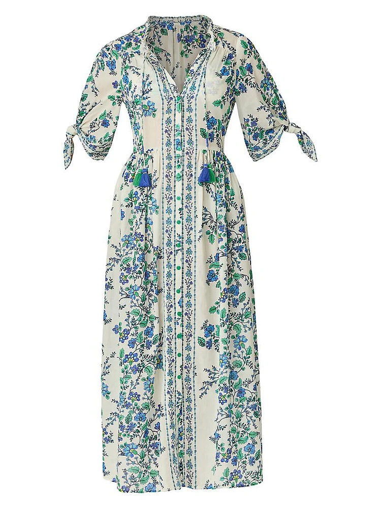Floral Cotton Tie-Sleeve Midi-Shirtdress