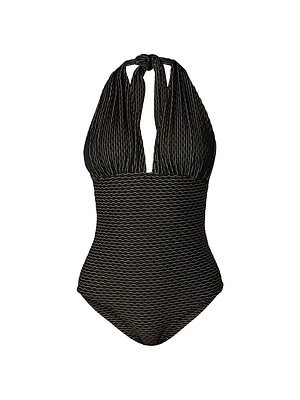 Metallic Stripe Halter One-Piece Swimsuit