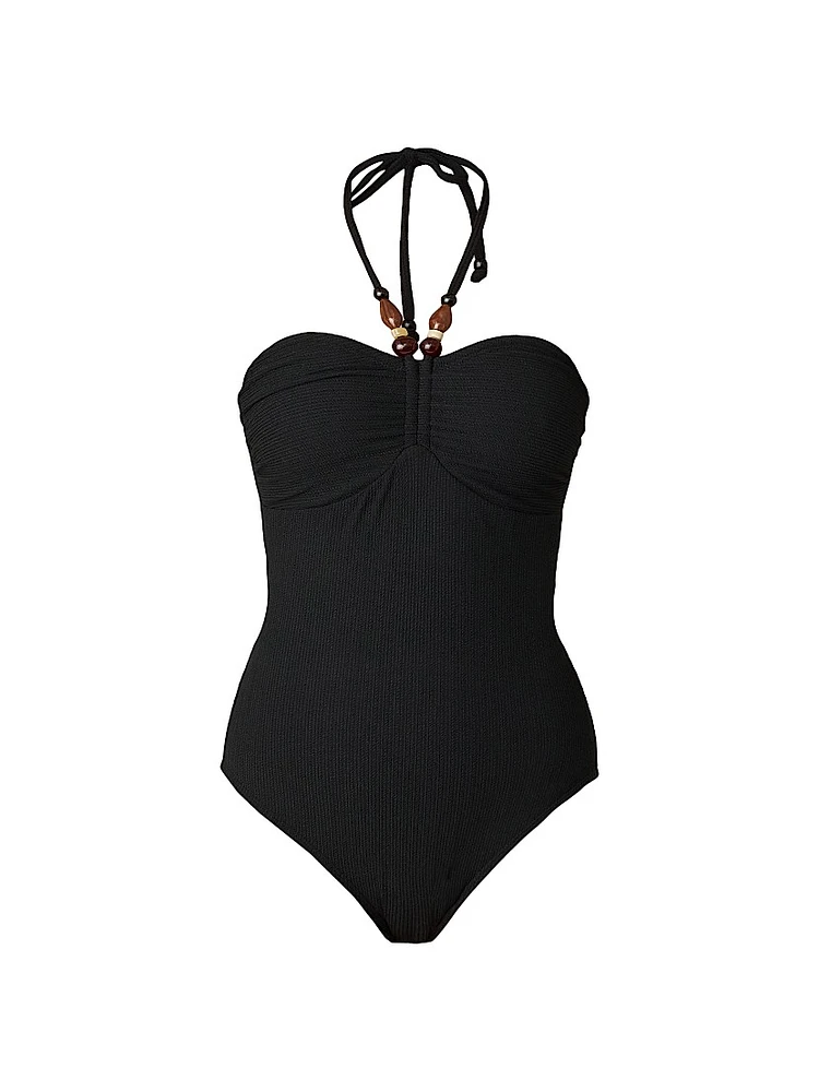 Cinched Beaded Halter One-Piece Swimsuit