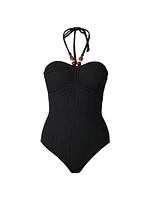 Cinched Beaded Halter One-Piece Swimsuit
