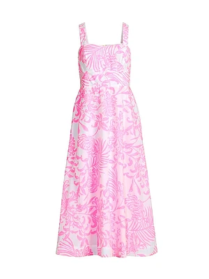 Palm Print Poplin Midi-Dress