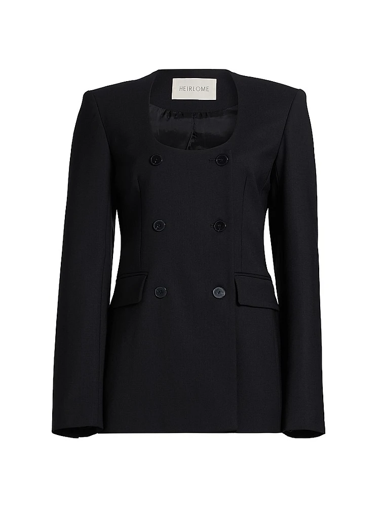 Anita U-Neck Stretch-Wool Double-Breasted Blazer