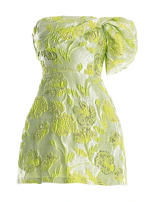 Olive Floral Jacquard Off-the-Shoulder One-Sleeve Minidress