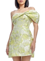 Olive Floral Jacquard Off-the-Shoulder One-Sleeve Minidress