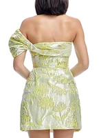 Olive Floral Jacquard Off-the-Shoulder One-Sleeve Minidress