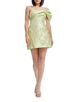 Olive Floral Jacquard Off-the-Shoulder One-Sleeve Minidress