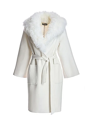 Wool Blend Belted Fur Trim Coat