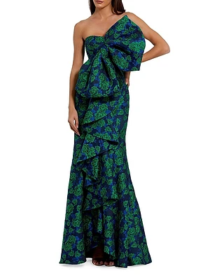Bow-Detail Floral Brocade Strapless Gown