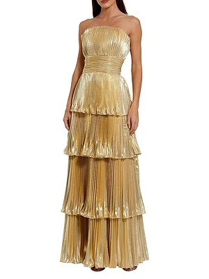 Metallic Pleated Strapless Tiered Gown