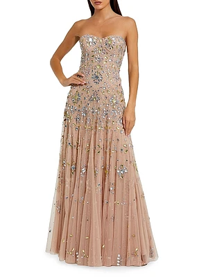 Crystal-Embellished Mesh Strapless Gown