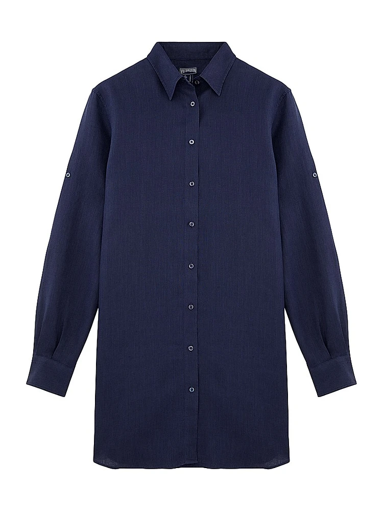 Linen Long-Sleeve Mini Shirtdress