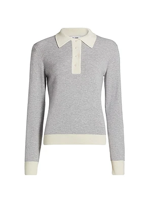 Wool Contrast-Trimmed Long-Sleeve Polo Top