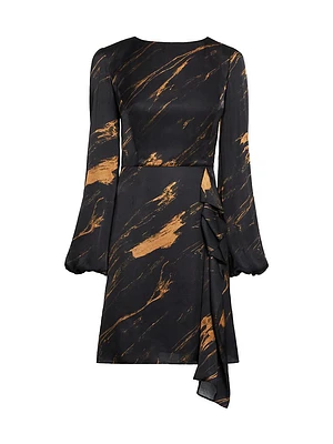 Abstract Ruffle Jewel-Neck Mini-Dress