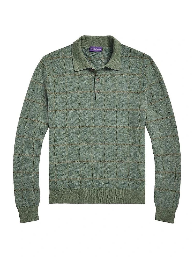 Plaid Cashmere-Wool Polo-Collar Sweater