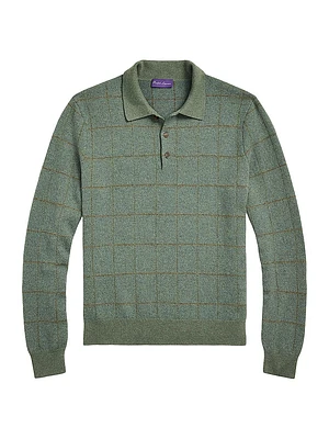 Plaid Cashmere-Wool Polo-Collar Sweater