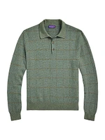 Plaid Cashmere-Wool Polo-Collar Sweater