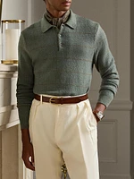 Plaid Cashmere-Wool Polo-Collar Sweater
