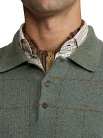 Plaid Cashmere-Wool Polo-Collar Sweater
