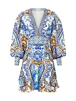 Printed Silk Button-Front Frill Dress
