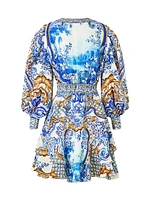 Printed Silk Button-Front Frill Dress