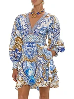 Printed Silk Button-Front Frill Dress