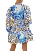 Printed Silk Button-Front Frill Dress