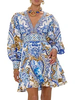 Printed Silk Button-Front Frill Dress