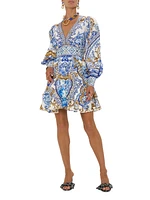 Printed Silk Button-Front Frill Dress