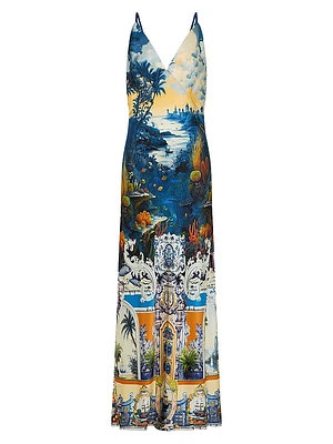 Printed Silk V-Neck A-Line Maxi Slipdress