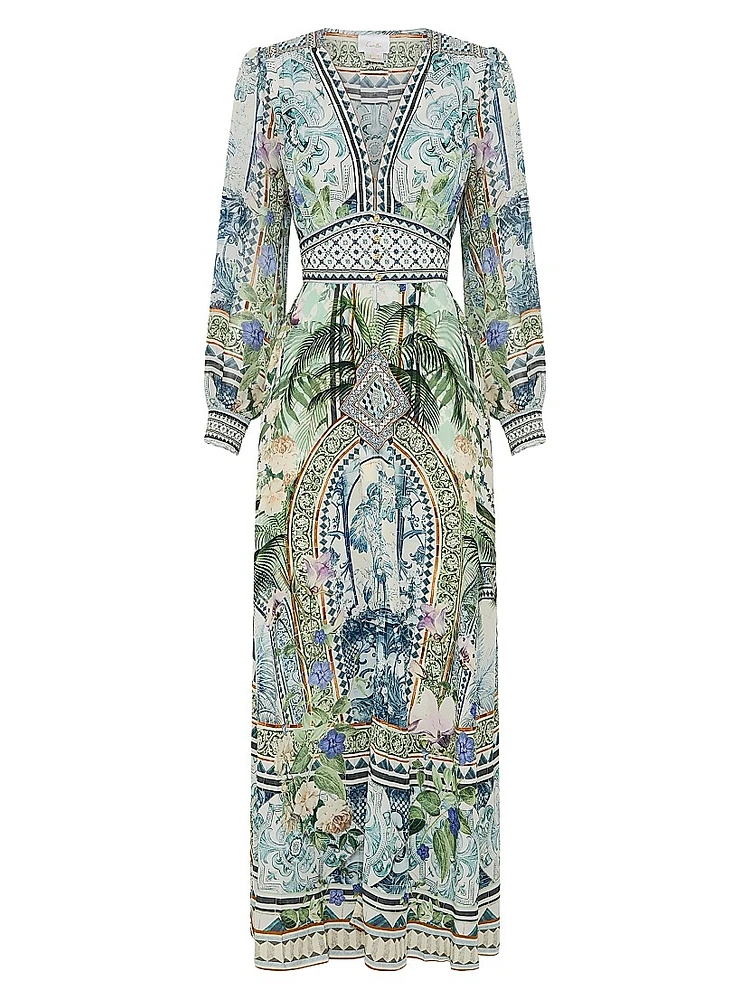 Botanic Print Silk Blouson-Sleeve A-Line Maxi Dress