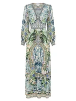 Botanic Print Silk Blouson-Sleeve A-Line Maxi Dress
