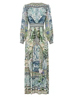 Botanic Print Silk Blouson-Sleeve A-Line Maxi Dress