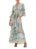 Botanic Print Silk Blouson-Sleeve A-Line Maxi Dress