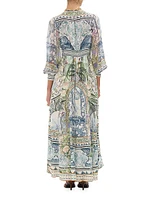 Botanic Print Silk Blouson-Sleeve A-Line Maxi Dress