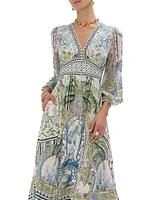 Botanic Print Silk Blouson-Sleeve A-Line Maxi Dress
