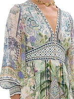 Botanic Print Silk Blouson-Sleeve A-Line Maxi Dress