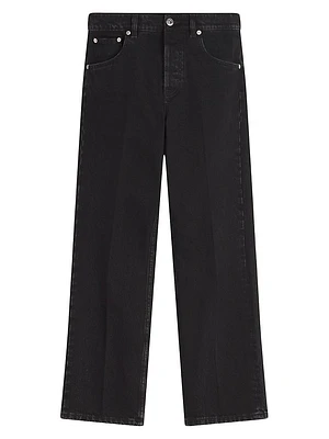 Straight Leather Patch Jeans in Denim