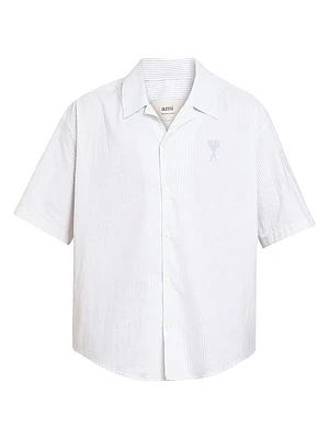 Striped Logo Cotton Camp Collar Shirt