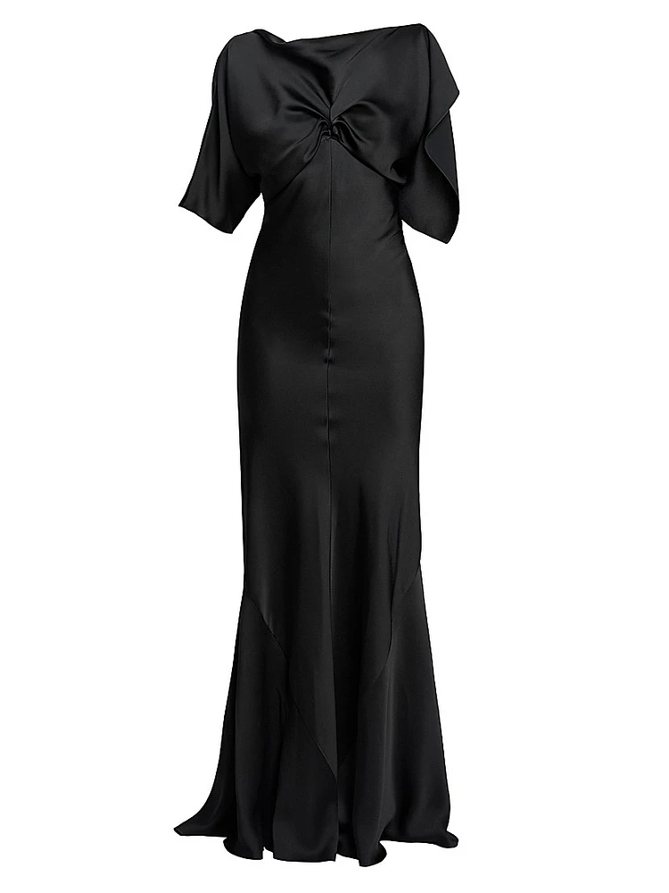 Gathered Satin Cap-Sleeve Gown