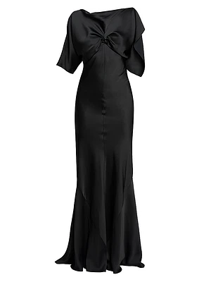 Gathered Satin Cap-Sleeve Gown