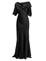 Gathered Satin Cap-Sleeve Gown