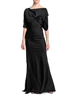 Gathered Satin Cap-Sleeve Gown