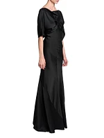 Gathered Satin Cap-Sleeve Gown
