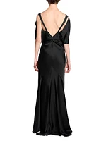 Gathered Satin Cap-Sleeve Gown