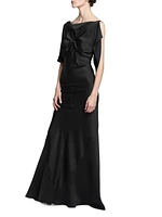 Gathered Satin Cap-Sleeve Gown