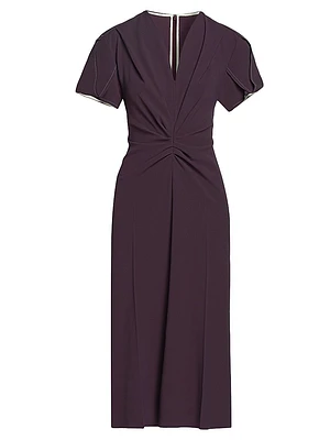 Gathered Crêpe V-Neck Midi-Dress
