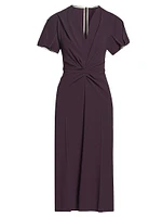 Gathered Crêpe V-Neck Midi-Dress
