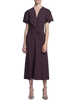 Gathered Crêpe V-Neck Midi-Dress
