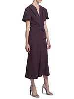 Gathered Crêpe V-Neck Midi-Dress